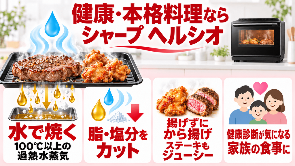 オーブンレンジ パナソニック vs シャープ 決定的な違いを徹底比較　健康志向・本格料理で選ぶなら「シャープ」のオーブンレンジがおすすめ　「水で焼く」から、余分な油と塩分が驚くほど落ちる
