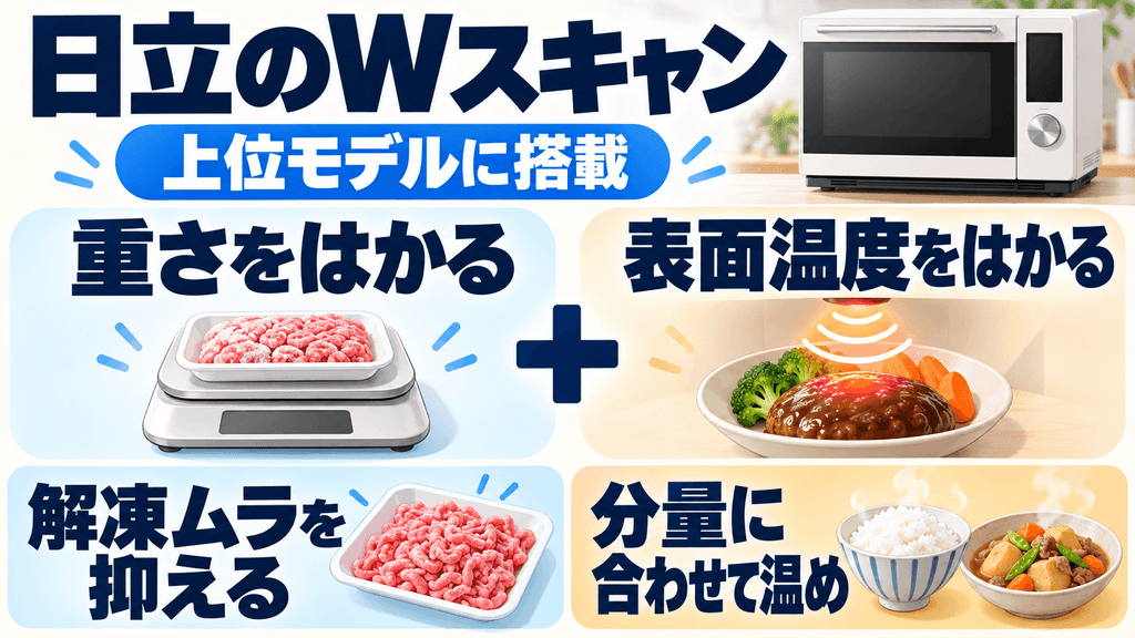 日立オーブンレンジの決定的なメリット　重さと温度で判定する「Wスキャン」で解凍・温めムラを解消