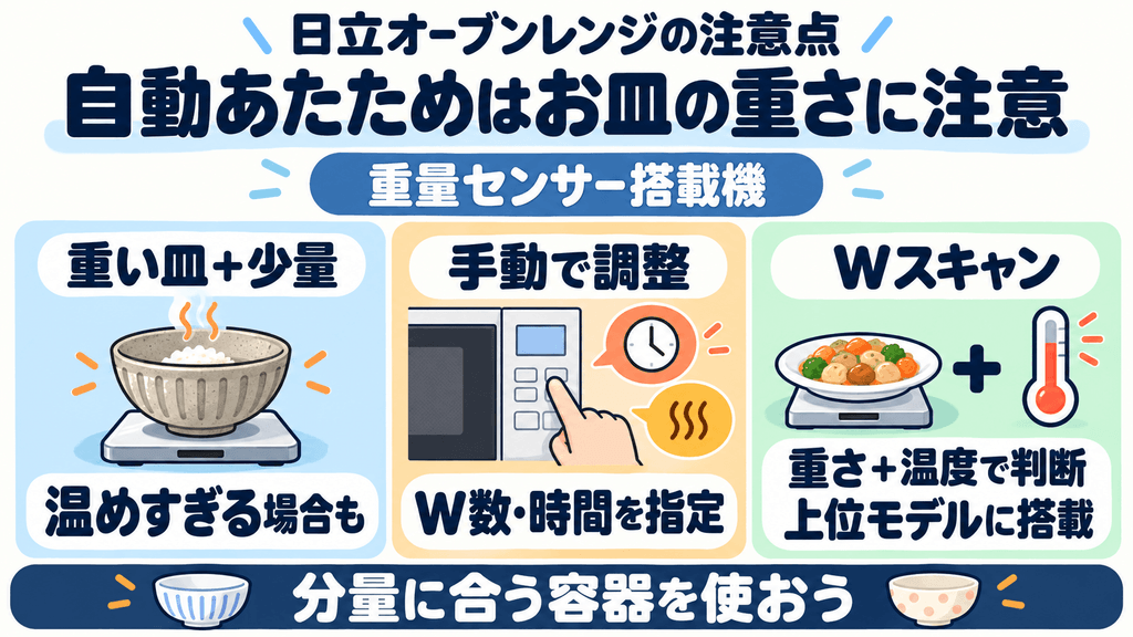 購入前に知っておくべき日立オーブンレンジの注意点　「自動温め」はお皿の重さに左右される場合がある（エントリー機）