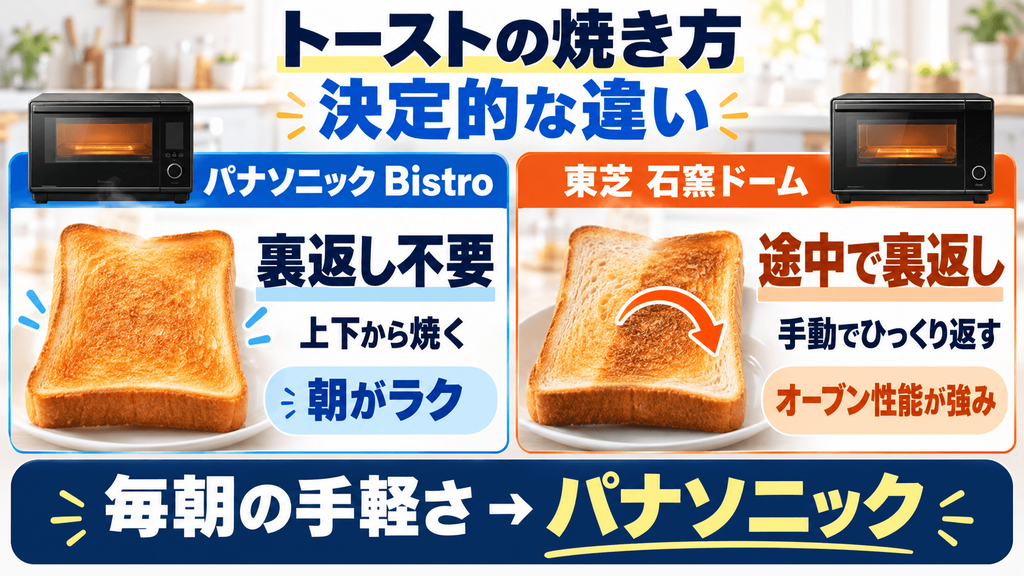 後悔しないために知っておくべきパナソニックと東芝の「決定的な違い」　トーストの焼き方：パナソニックの多くが裏返し不要
