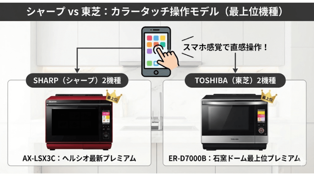 シャープと東芝のオーブンレンジ カラータッチ操作できる機種