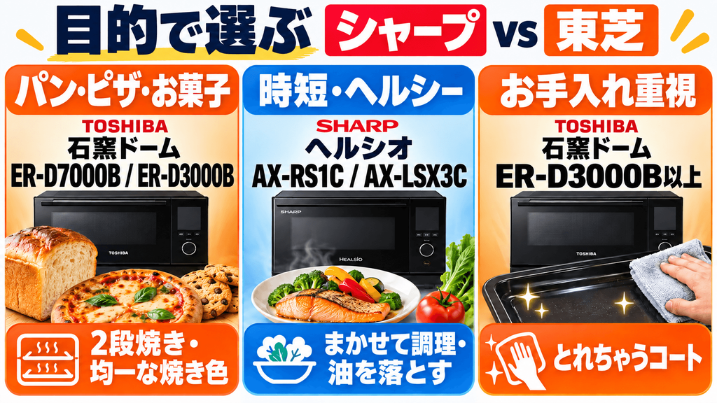【選び方別】あなたにピッタリなオーブンレンジはシャープと東芝のどっち?【こだわり機能・料理スタイル別】目的で選ぶ
