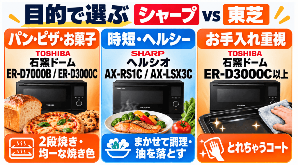【選び方別】あなたにピッタリなオーブンレンジはシャープと東芝のどっち?【こだわり機能・料理スタイル別】目的で選ぶ