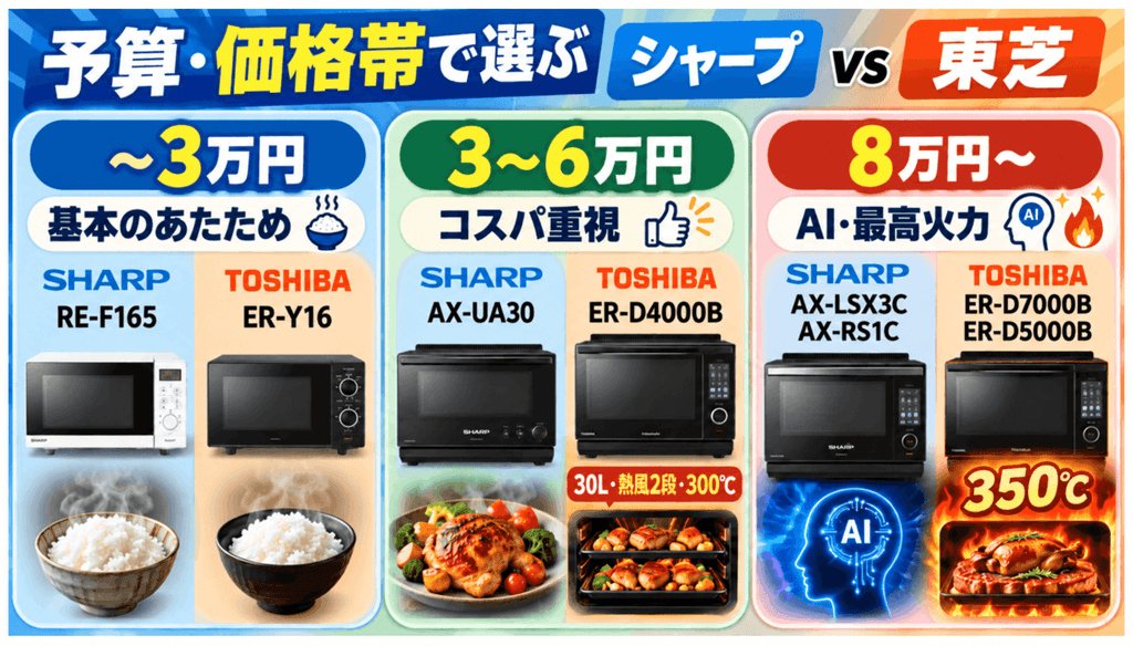 【選び方別】あなたにピッタリなオーブンレンジはシャープと東芝のどっち?【予算・価格帯別】コスパで選ぶ