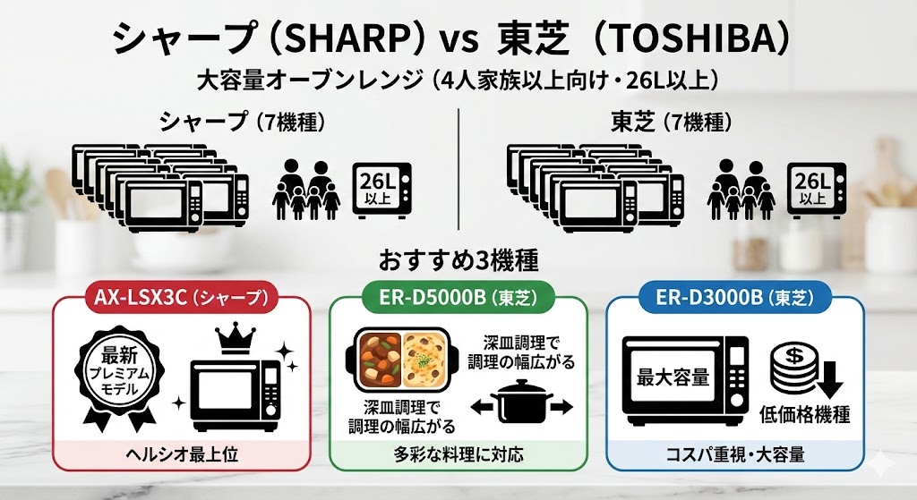 シャープと東芝のオーブンレンジ 大容量(家族人数4人以上)機種