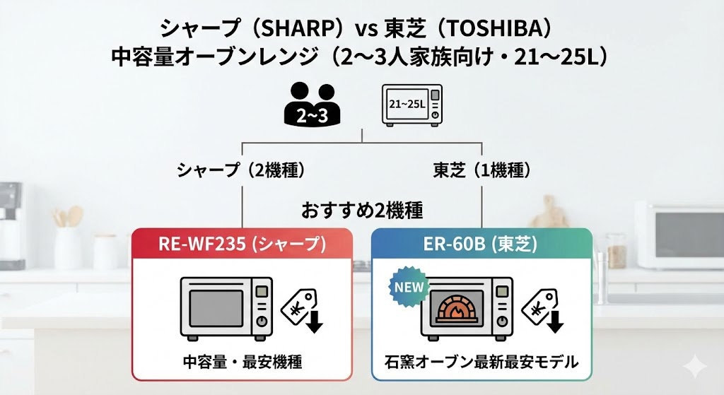 シャープと東芝のオーブンレンジ 中容量(家族人数2〜3人)機種