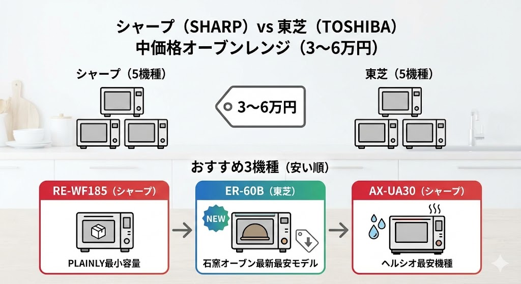 シャープと東芝のオーブンレンジ 中価格(3〜6万円)機種