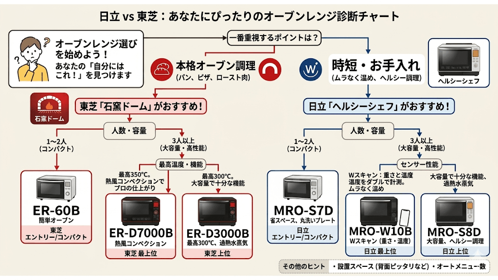 オーブンレンジ　日立　東芝　どっち　比較　チャート図