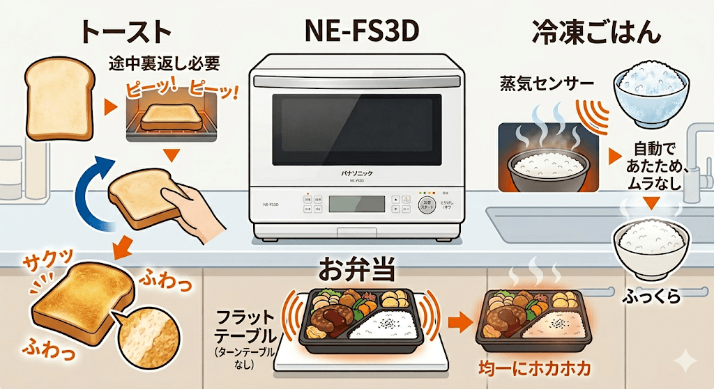 トーストは裏返し必須?NE-FS3Dの冷凍ご飯・弁当の温まり方を正直レビュー