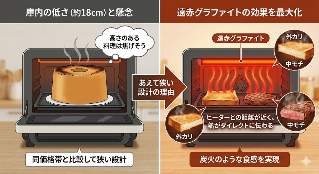 アラジングラファイトオーブンレンジの悪い口コミ「高さが低い」