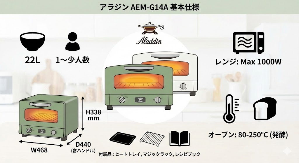 アラジングラファイトオーブンレンジの基本スペックとアラジン独自の特長