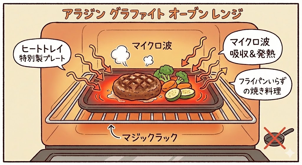 アラジングラファイトオーブンレンジ独自特長付属品「ヒートトレイ」＆「マジックラック」