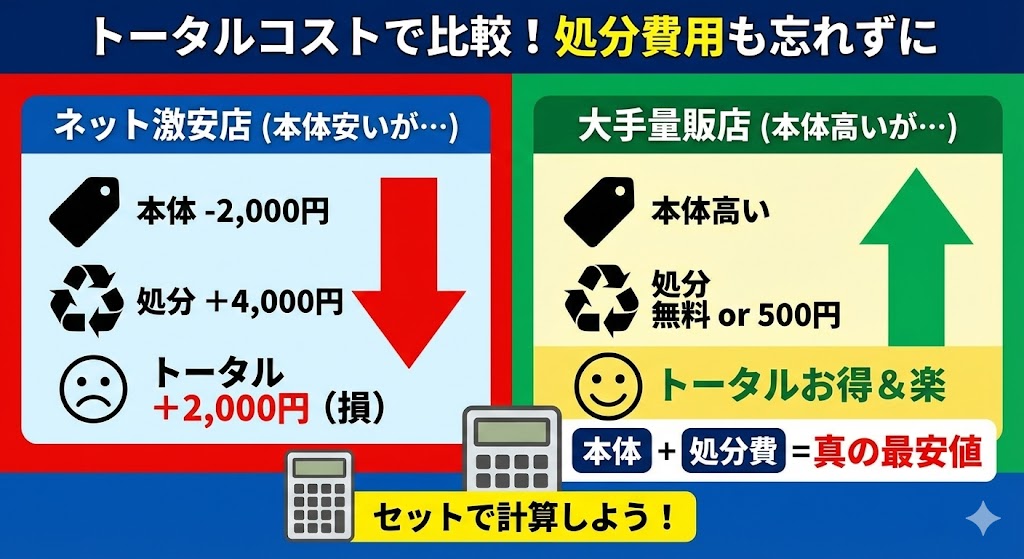 処分費込みで計算すると、実はAmazonや楽天以外が最安値になるケース