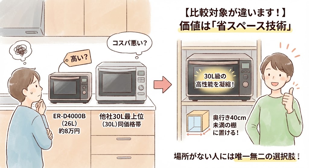 ER-D4000Bの悪い口コミ「26Lにしては価格が高すぎる」