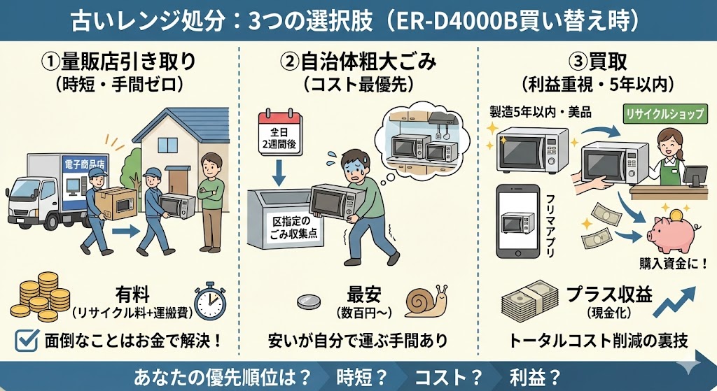 処分:古いレンジはどう捨てる?下取りvsリサイクル、ER-D4000Bへの買い替えで「トータルコスト」を下げる裏技