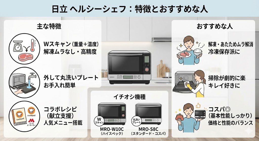 【日立（ヘルシーシェフ）】のオーブンレンジの特徴とおすすめな人