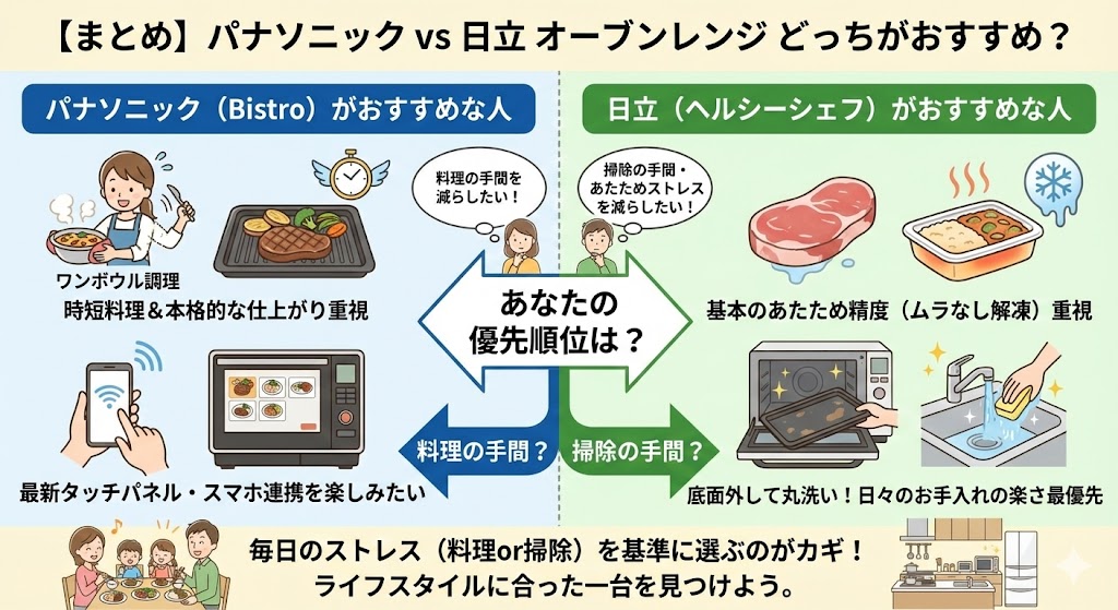【まとめ】パナソニックと日立のオーブンレンジはどっちがおすすめ？