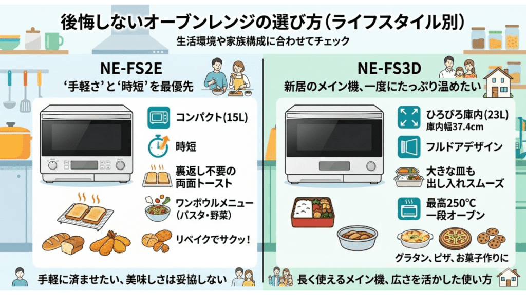 NE-FS2EとNE-FS3D【ライフスタイル別】後悔しないオーブンレンジの選び方