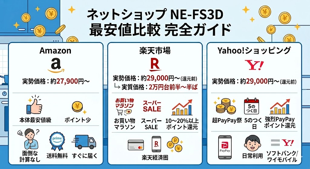 ネットショップ（Amazon・楽天・Yahoo!）でNE-FS3Dの最安値を狙うコツと実勢価格