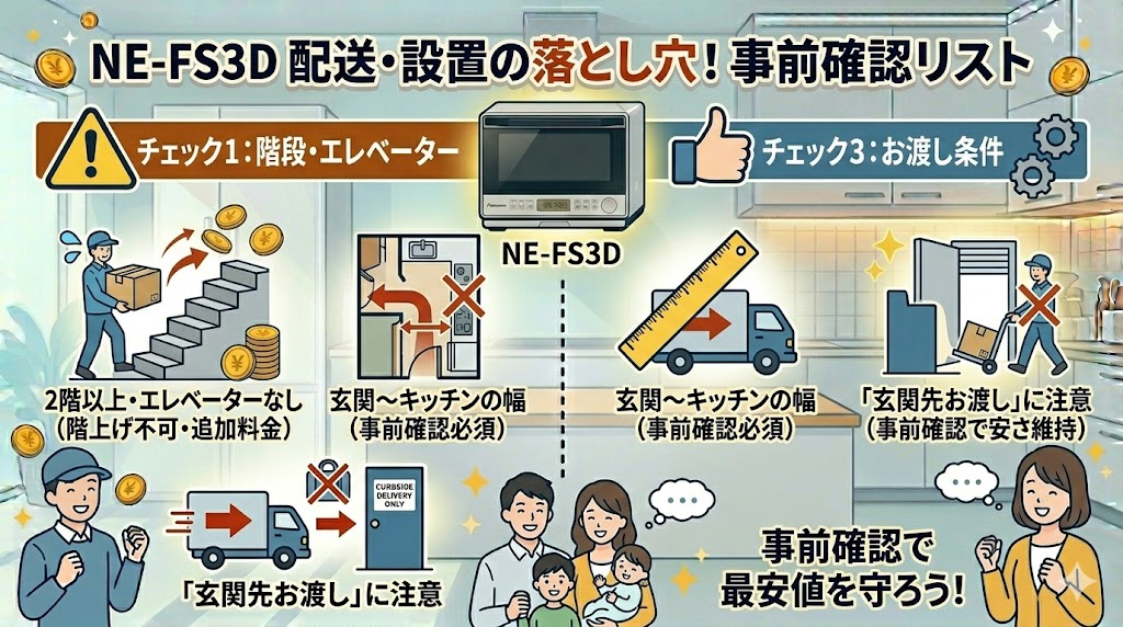 配送・設置料の落とし穴：NE-FS3Dの最安値が台無しに？事前確認リスト