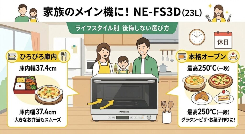 NE-FS2EとNE-FS3Dの選び方　新居のメイン機や、一度にたっぷり温めたい家庭には「NE-FS3D」