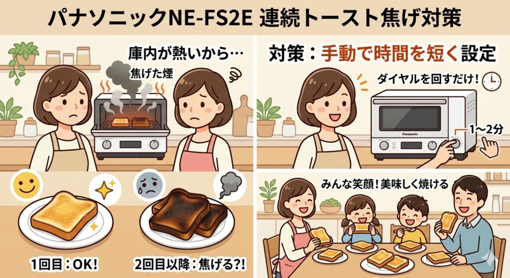 NE-FS2Eの悪い口コミ　連続で食パンを焼くと焦げやすい