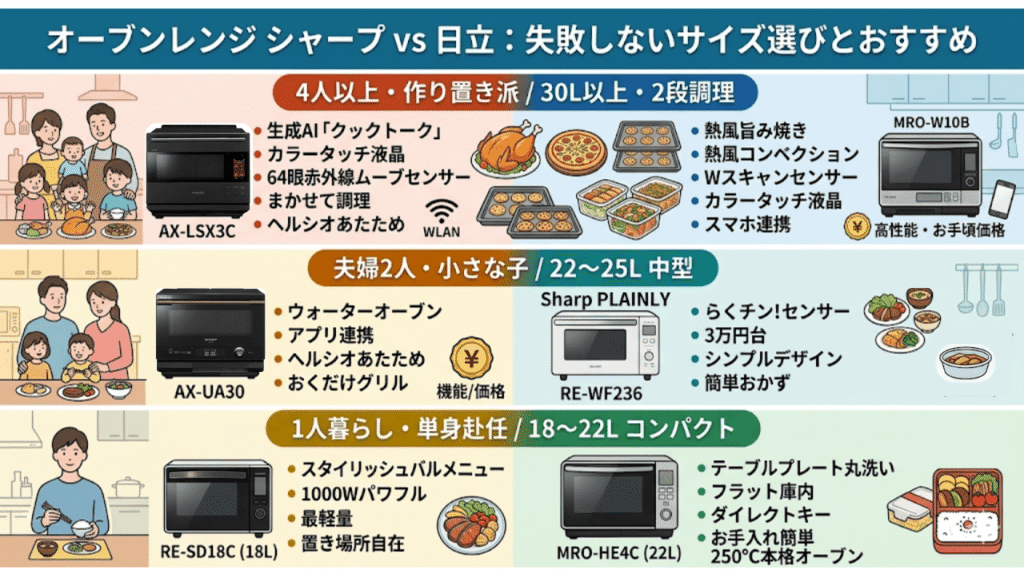 オーブンレンジ　シャープ　日立　【人数・容量別】失敗しないサイズ選びとおすすめ機種
