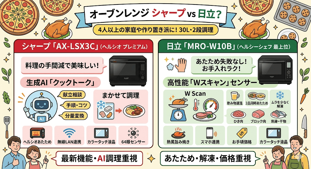 オーブンレンジ　シャープ　日立　どっち　4人以上家族、大容量2段調理
