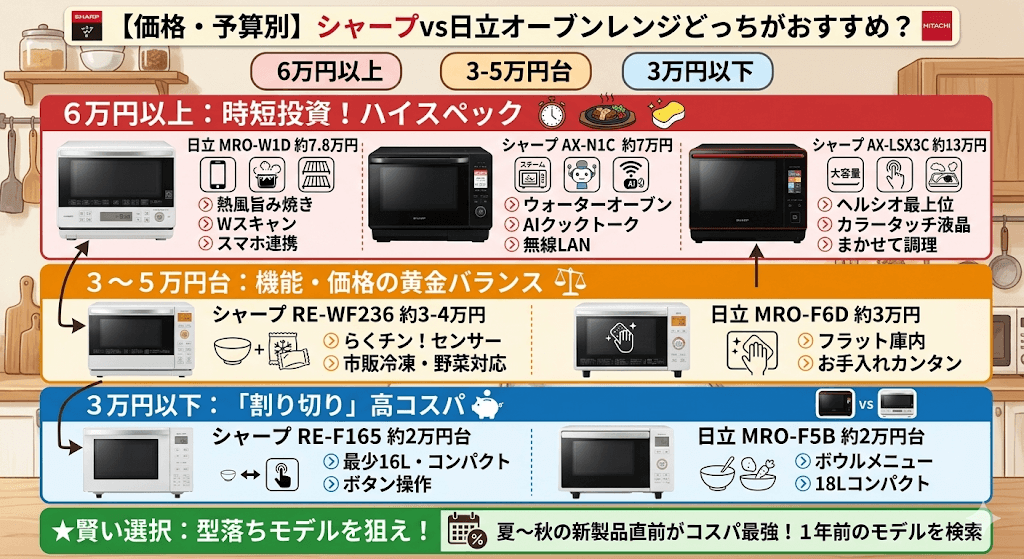 オーブンレンジ　シャープ　日立　価格・予算別おすすめ