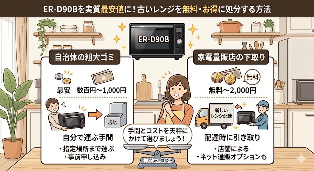 ER-D90Bを実質最安値に！古いレンジを無料・お得に処分する方法　自治体の粗大ゴミと家電量販店の下取り比較