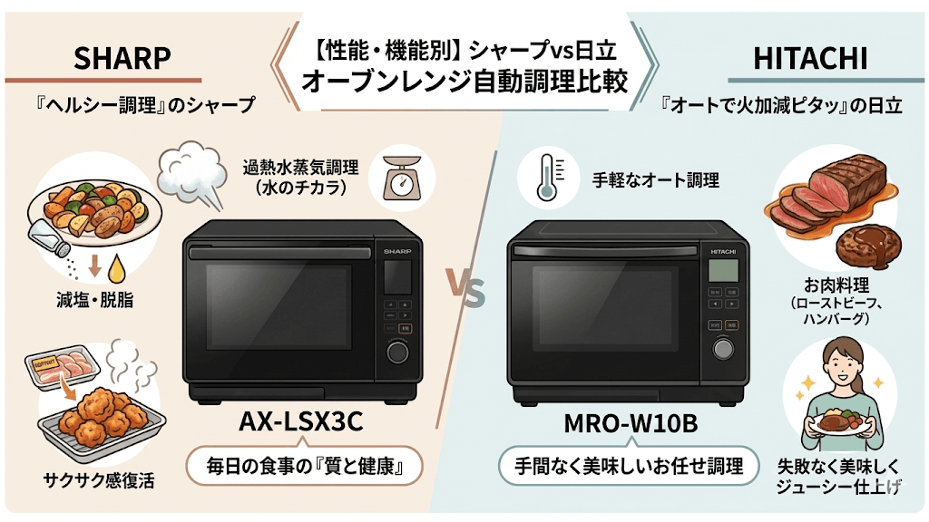 自動調理の仕組み：「ヘルシー」調理のシャープか、「オートで火加減ピタッ」の日立か