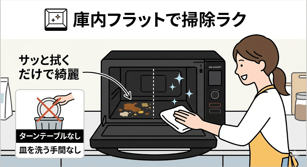 シャープRE-SS7Aの良い口コミ・評判 庫内がフラットで毎日の拭き掃除がとにかくラク