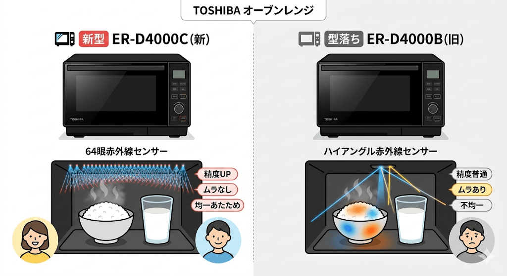 ER-D4000Cと型落ちER-D4000Bの違い　ER-D4000Cは「64眼赤外線センサー」搭載であたため精度が向上