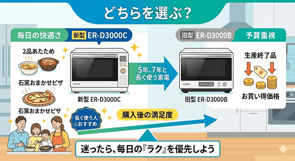 結論、迷ったらどっち?毎日の快適さを買う「ER-D3000C」予算重視の「ER-D3000B」