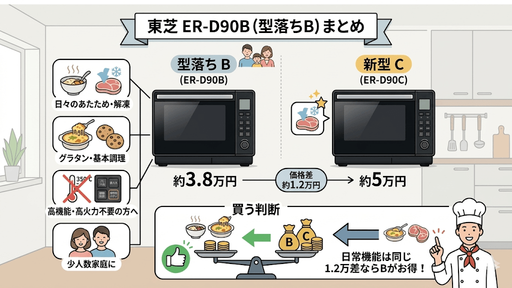 東芝石窯ドーム型落ち 新モデルとの比較 日常のあたためとオーブンをバランス良く使うなら|ER-D90B