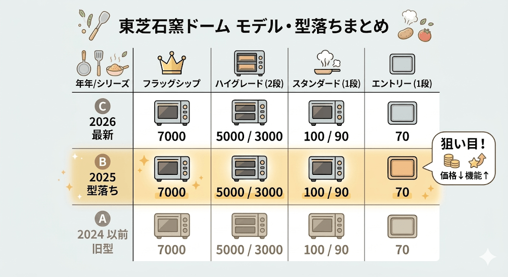 【年代別×グレード】東芝石窯ドームの型落ち一覧表