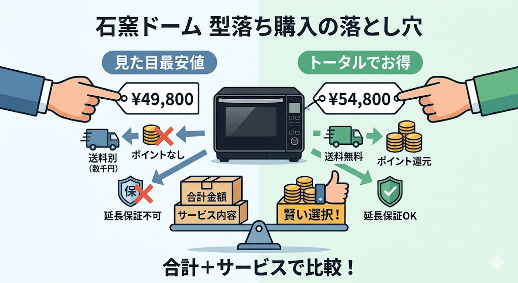 石窯ドーム型落ちを買うときの注意点 価格だけでなく送料・ポイント・延長保証を見る