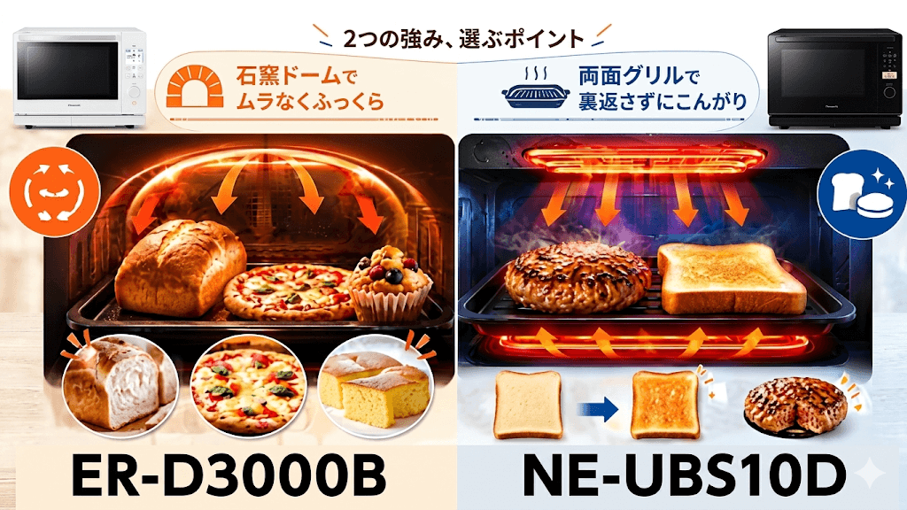 【項目別比較】ER-D3000BとNE-UBS10Dの違い【オーブン・グリル】石窯ドーム構造か、裏返し不要の両面グリルか