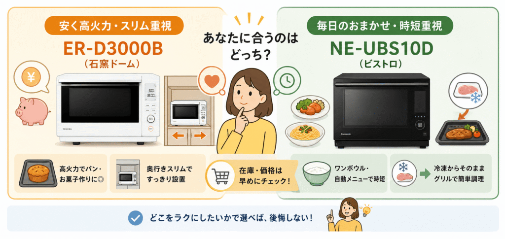 まとめ：安く高火力ならER-D3000B、毎日のおまかせ調理ならNE-UBS10D