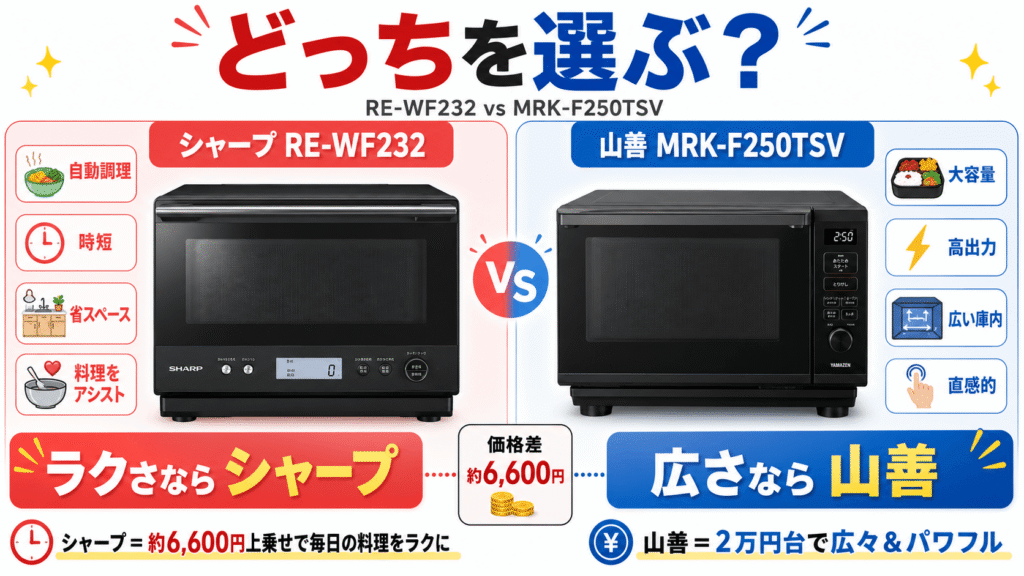 【まとめ】自動調理のRE-WF232か、大容量のMRK-F250TSVか。後悔しない1台を選ぼう