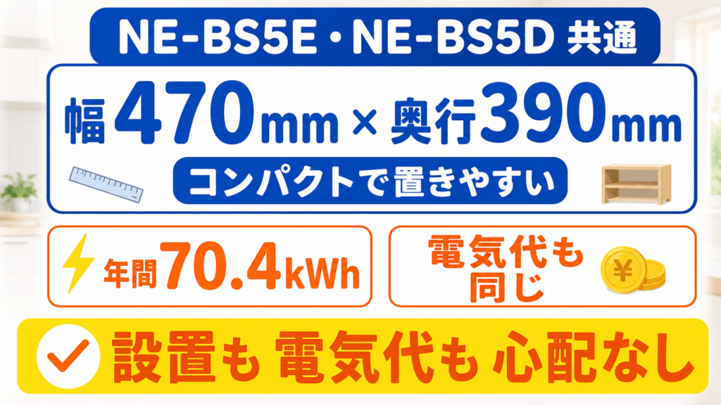 NE-BS5EとNE-BS5Dの共通する嬉しい基本性能　サイズは幅470mm×奥行390mmで設置しやすく電気代も同じ