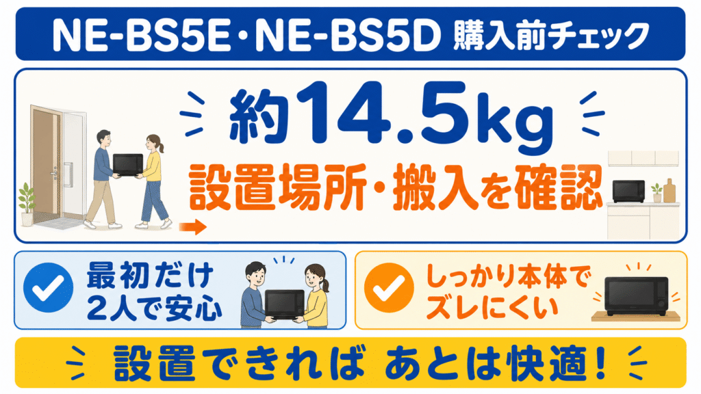 【要チェック】購入前に確認したいNE-BS5EとNE-BS5Dの注意点と解決法 本体は約14.5kgあるため、設置場所と搬入方法を確認する