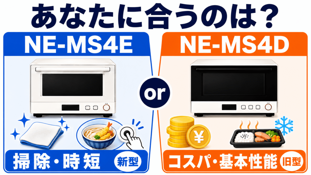 まとめ|掃除と追加メニューなら新型NE-MS4E、価格重視なら旧型NE-MS4D