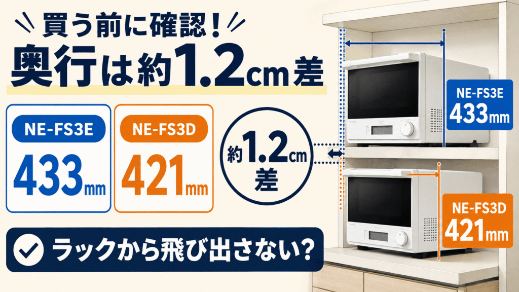 買ってから後悔しないために!NE-FS3EとNE-FS3D購入前の最終確認ポイント NE-FS3Eはハンドル込みの奥行が約1.2cm大きいため設置スペースを確認