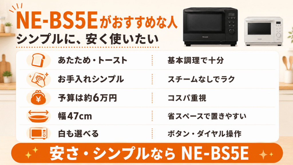 NE-BS6EとNE-BS5E比較 NE-BS5Eは「あたため・トースト中心で予算を抑えてシンプルに使いたい人」におすすめ