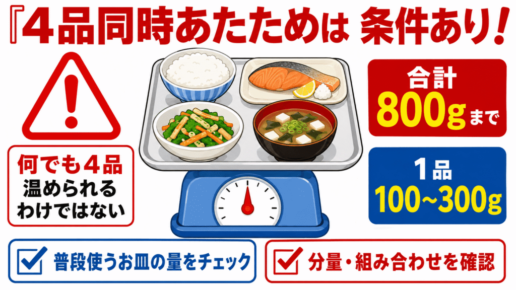 後悔しないために!MRO-W1EとMRO-W1D購入前に必ず確認したい4つの注意点 4品同時あたためには「分量」や「組み合わせ」の条件がある