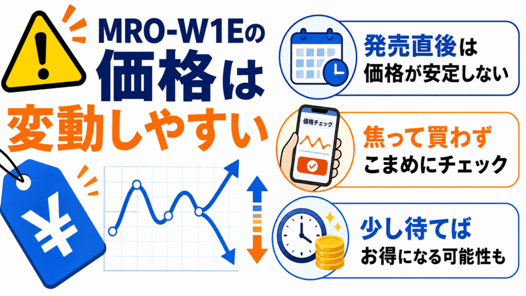 後悔しないために!MRO-W1EとMRO-W1D購入前に必ず確認したい4つの注意点 MRO-W1Eの価格は発売直後で変動しやすいためこまめなチェックが必要