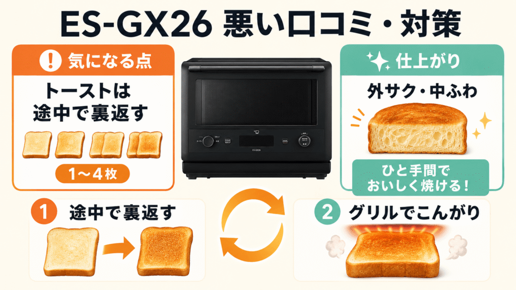 ES-GX26の悪い口コミ トーストは途中で裏返す必要がある