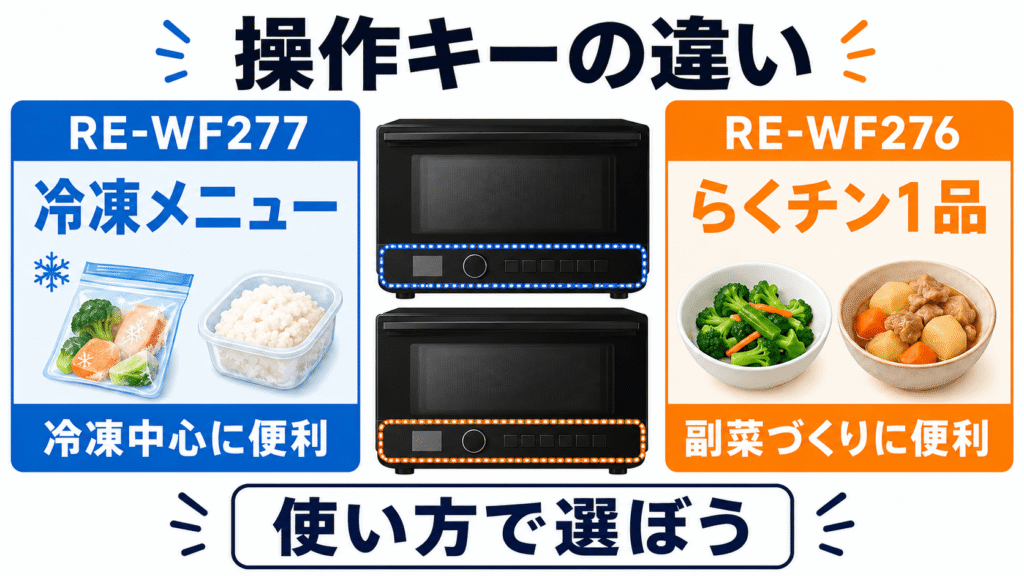 RE-WF277とRE-WF276の決定的な違い 操作キーが「らくチン1品」から「冷凍メニュー」へ変更