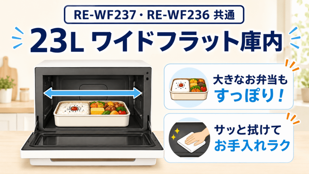 どちらを選んでも大満足!RE-WF237とRE-WF236に共通する優秀な機能 大きなお弁当も余裕の「23Lワイドフラット庫内」